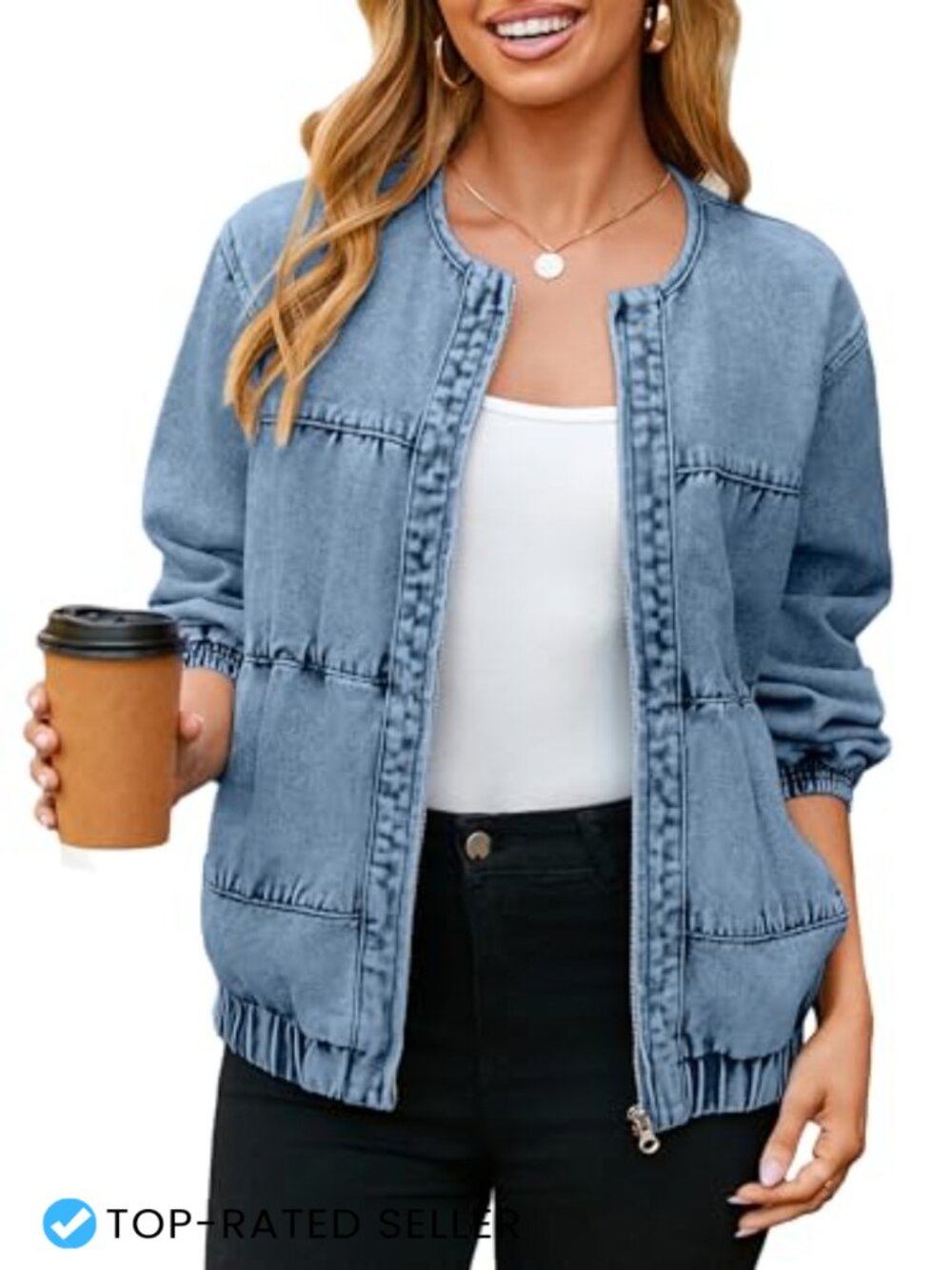 Womens Denim Bomber Jacket Zip Up Long Sleeve Loose Fit Jean Jacket